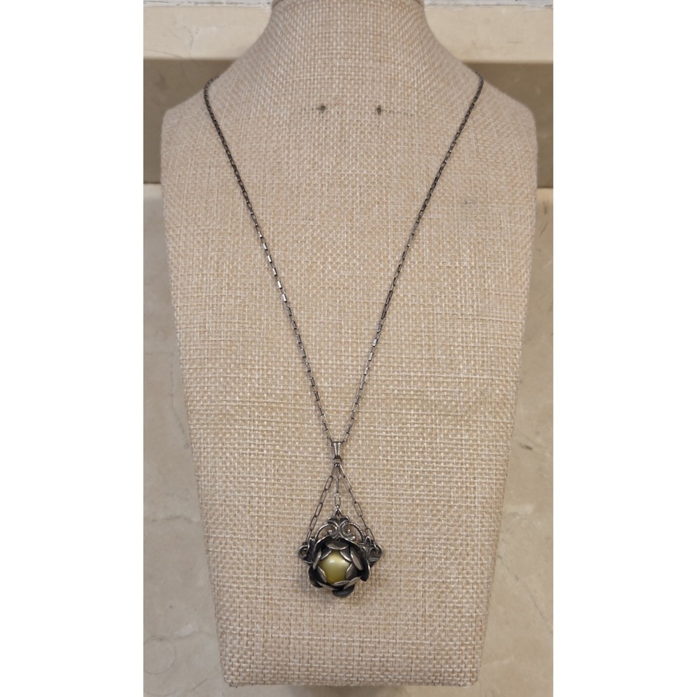 Stunning Art Nouveau Sterling Silver & Amber Budding Flower Necklace 18"